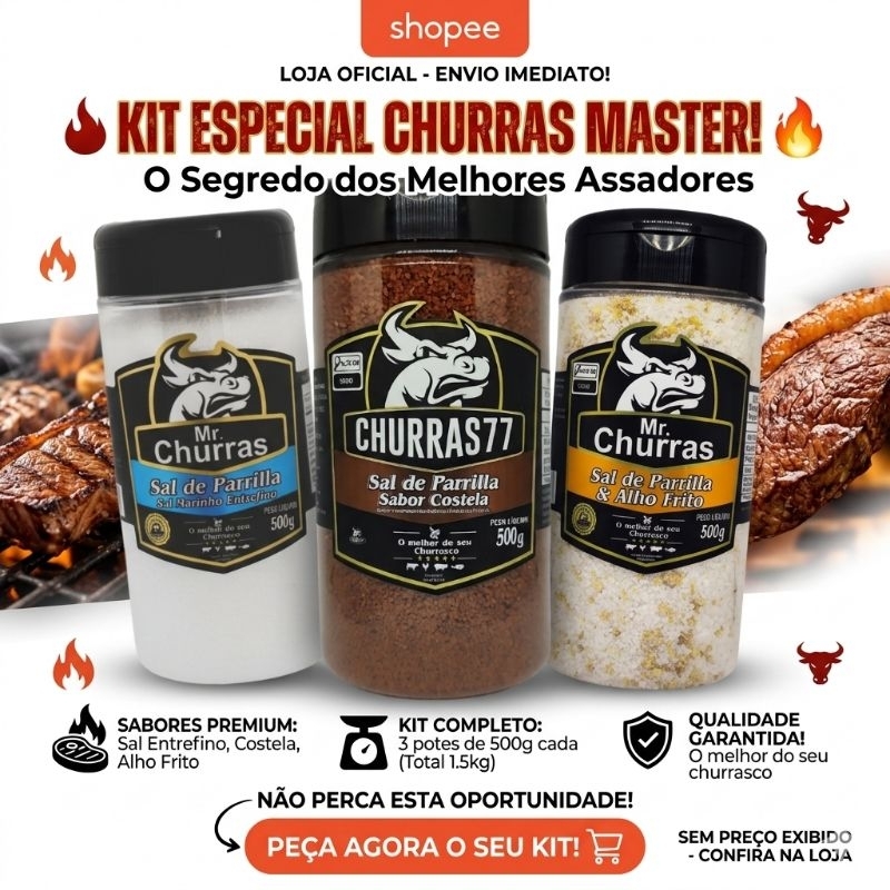 Kit 03 Sal de Parrilla Premium Churrasco Profissional 500g