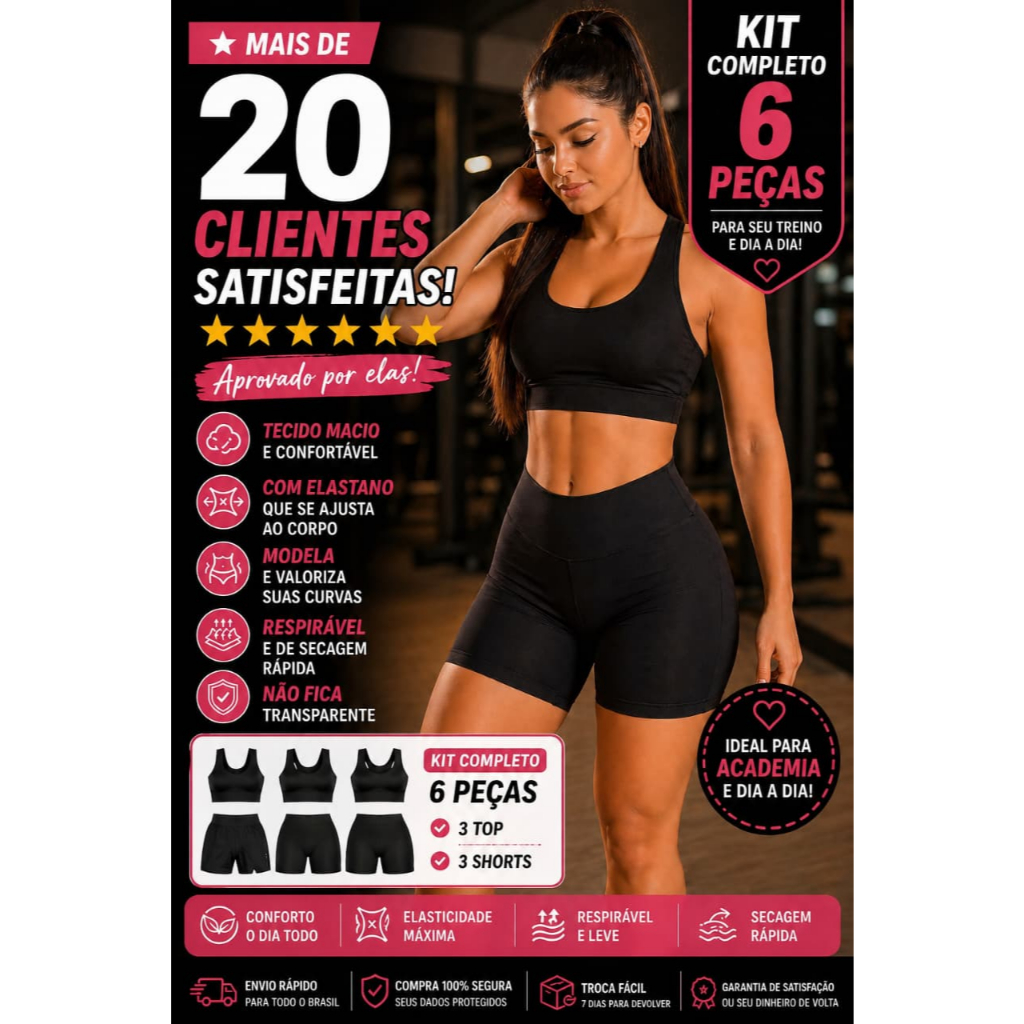 Kit 6 Peças Fitness Feminino (3 Tops + 3 Shorts) Cintura Alta Não Transparente Academia Conjunto Feminino