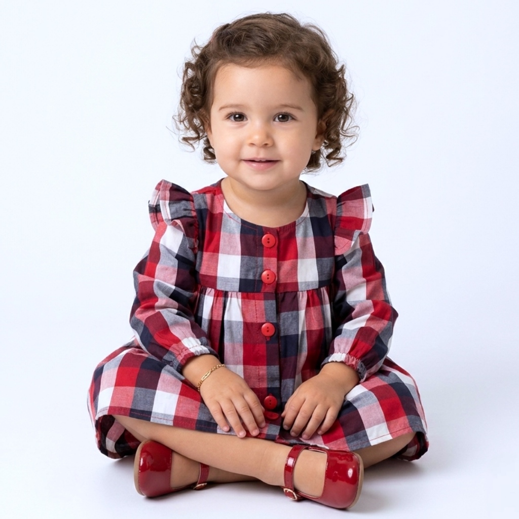 Vestido de Bebê Festa Junina Manga Longa Xadrez Festa 100% Algodão 2 Meses a 4 Anos Mundo Nina