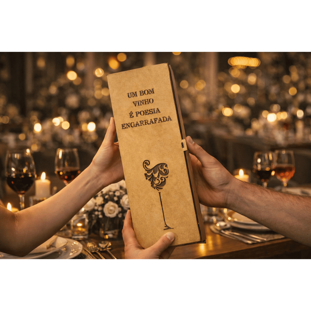 Caixa de Vinho 750 ML em MDF Presente Elegante Tampa Frontal personalizável Dia do Namorados