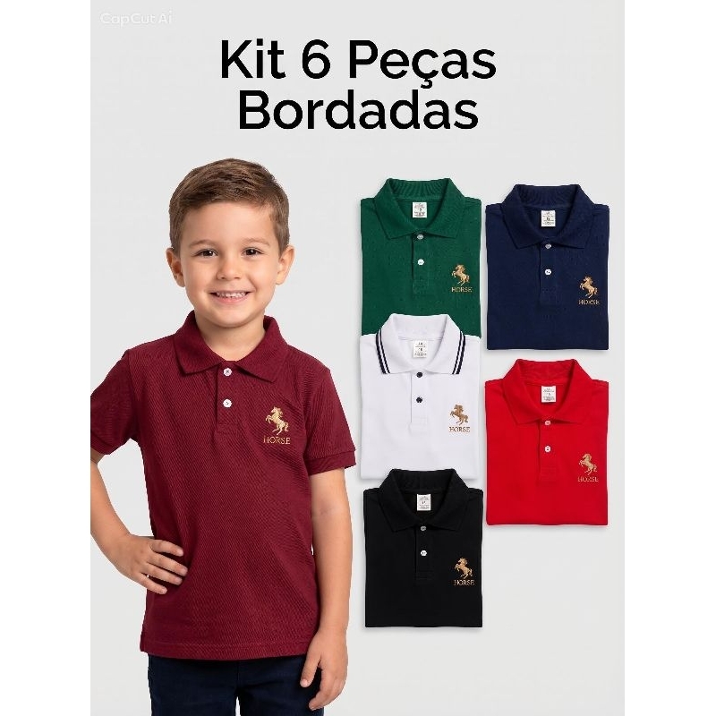 kit 6 peças camisetas gola polo infantil, juvenil (Aplique DTF) (SORTIDAS)