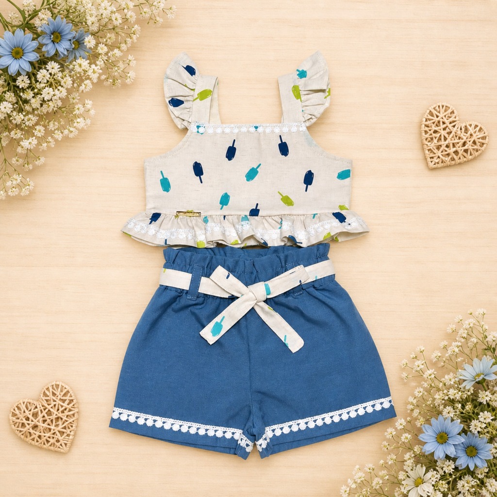 Conjunto Infantil Menina Picolé – Blusinha e Shorts Confortável Verão