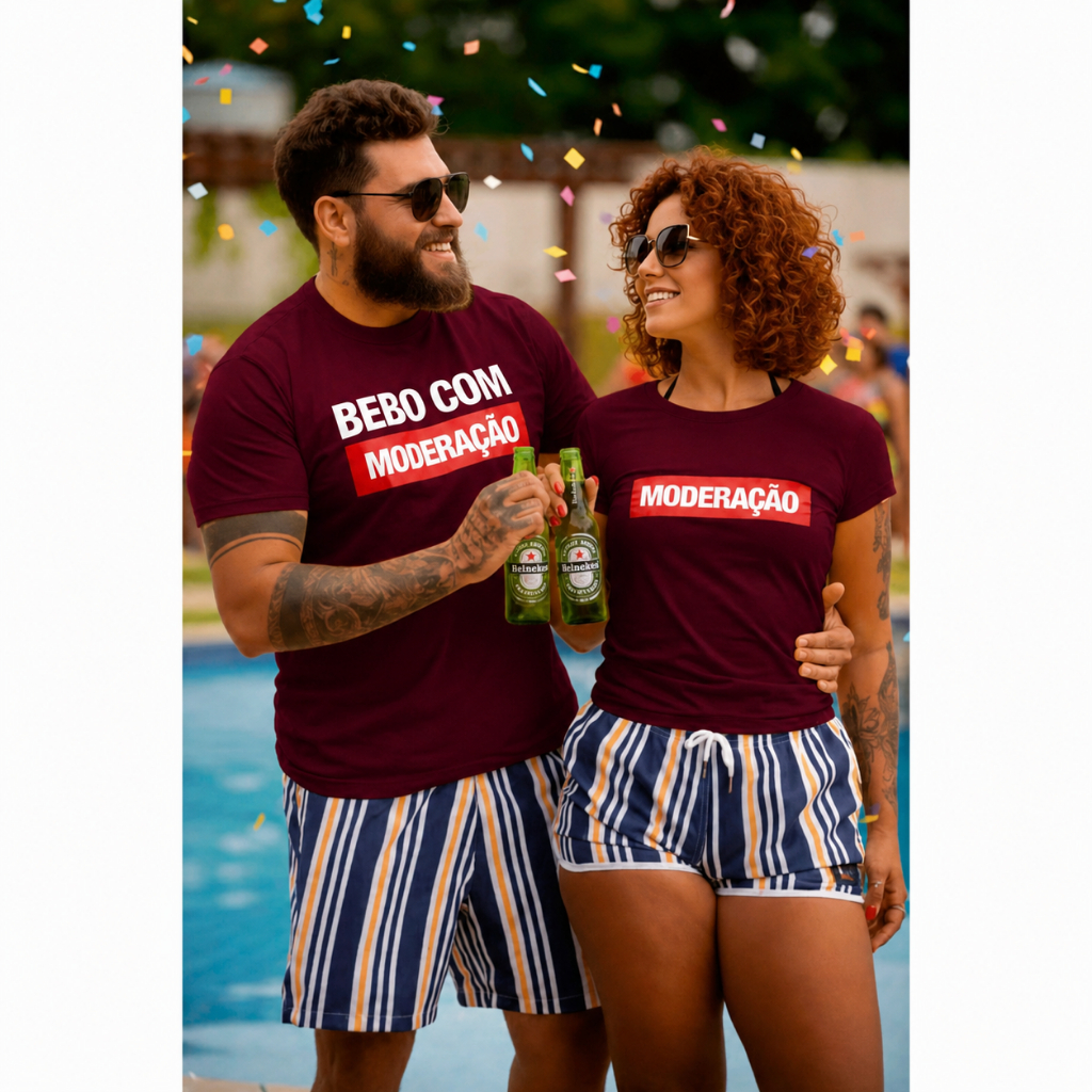 Kit 2 Camisetas Carnaval Casal | Bebo com Moderação | Look Carnaval Engraçado | Camisa Unissex Festa Bloco Folia