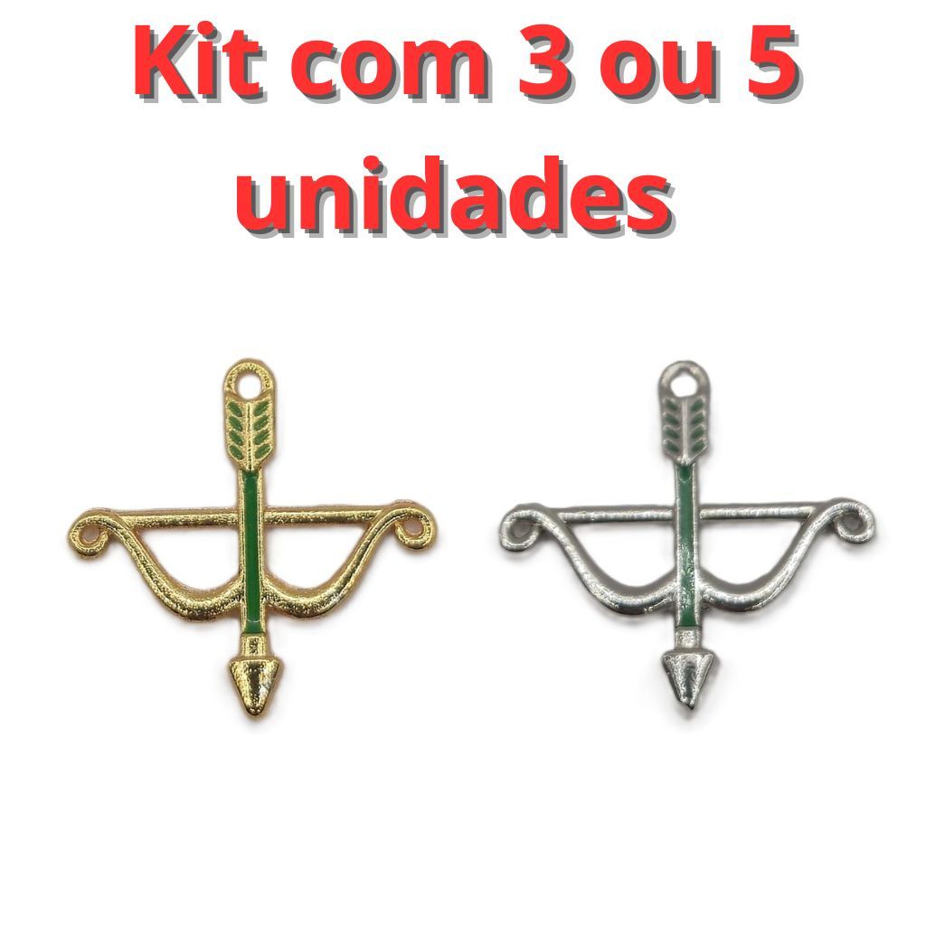 Kit 3 ou 5 unidades Pingente de Arco e Flecha tamanho P Dourado/Prateado Pintado com Resina Verde