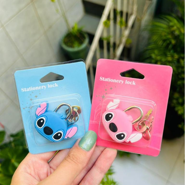 Cadeado Infantil Stitch e Angel com 2 Chaves Personagem Filme Desenho Animado Viagem Presente