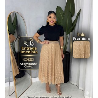Saia Longa Moda Evangélica Forrada De Tule trabalhado Com Cinto Feminina