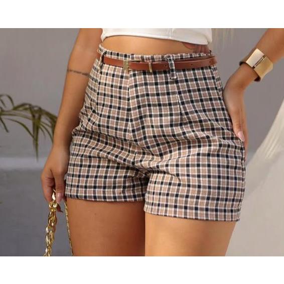 Short Alfaiataria Com Cinto Feminino de Cintura Alta com Estampa Xadrez