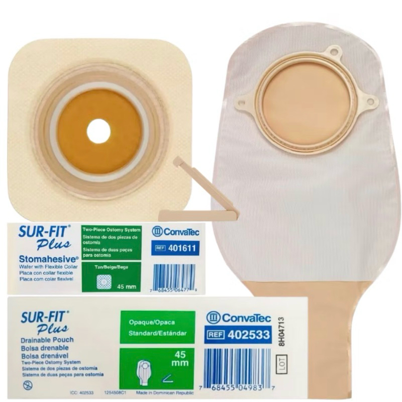 10 Bolsa de Colostomia Opaca 45mm + 10Placa Adesiva.  Plana Micropore 45mm Convatec Surf Fit-Plus Sistema de 02 peças