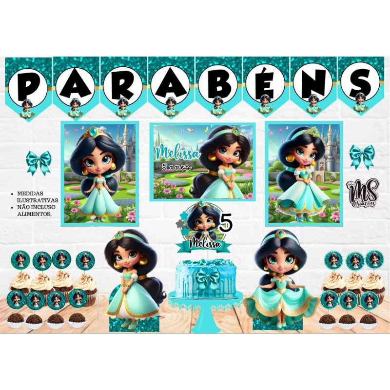 Kit Festa Princesa Jasmine| Personalizado Só um Bolinho | Mesversário Aniversário | 40 itens | Decoração