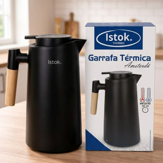 Garrafa Térmica 1L com Cabo de Madeira para Café Chá Água | Cores Sortidas Preta Rosê e Cinza