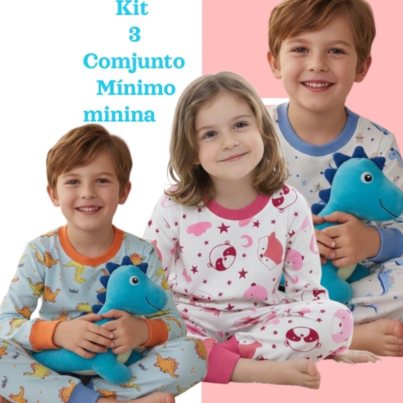 Kit 6 peças de Pijamas Infantil Menino E Menina Manga Longa 100% Algodão 2 4 6 8 e  10 Anos Estampas Surtidas Inverno