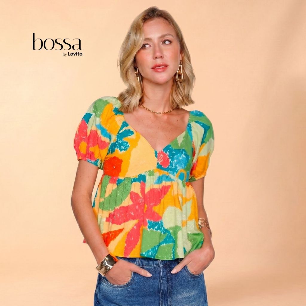 Lovito Bossa Blusa Feminina Decote Coração Estampada Em Viscose BLB15981628 · foto 2