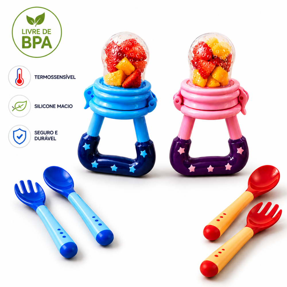 Kit Chupeta Alimentadora  Para bebê + Talher Silicone Infantil Termossensível Introdução Alimentar Porta Frutas