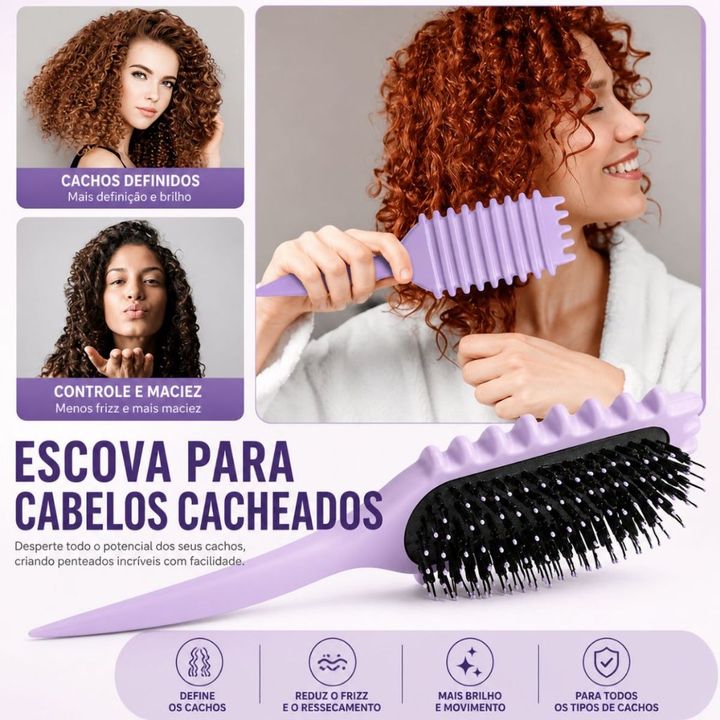 Escova Finalizadora para Cabelos Cacheados Ondulado Reduz Frizz Desembaraço Suave Sem Danificar Fios
