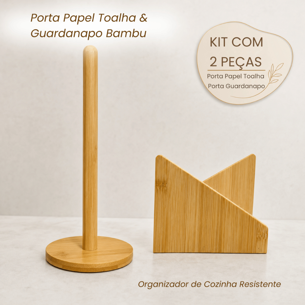 Kit Bambu Porta Guardanapo + Suporte de Papel Toalha Grande para Mesa Bancada Cozinha — imagem 2 de 2