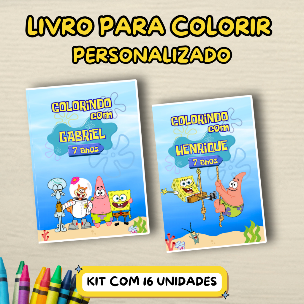 Lembrancinha Bob Esponja Personalizada | Livrinho para Colorir Infantil Kit 16 Unidades Livro | Festa Bob Esponja