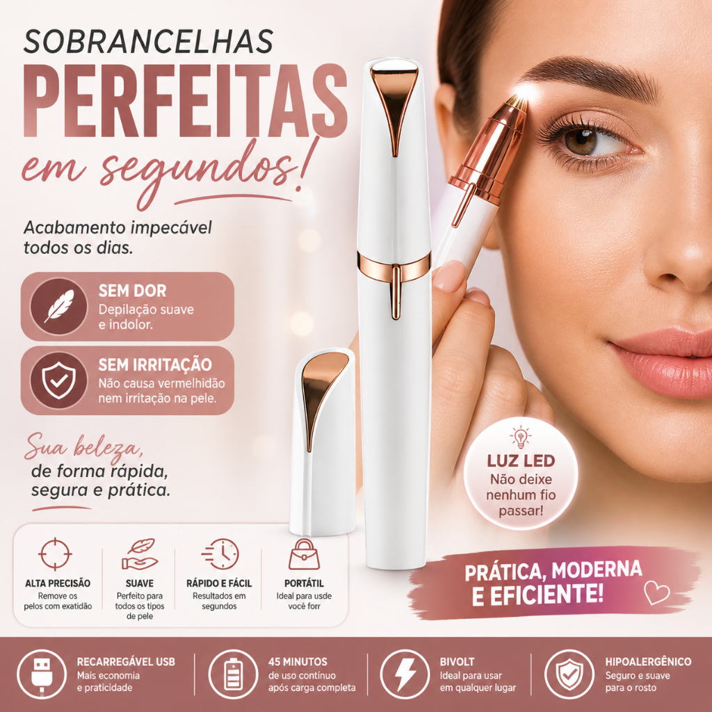 Depilador Sobrancelha Elétrico Recarregável USB Caneta Depiladora Facial Indolor Portátil C/ Luz LED