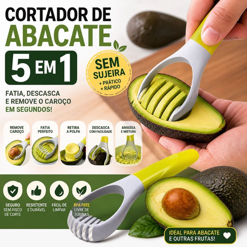 Cortador de Abacate 5 em 1 Fatiador Removedor de Caroço Descascador Fácil Cozinha Prático Rápido