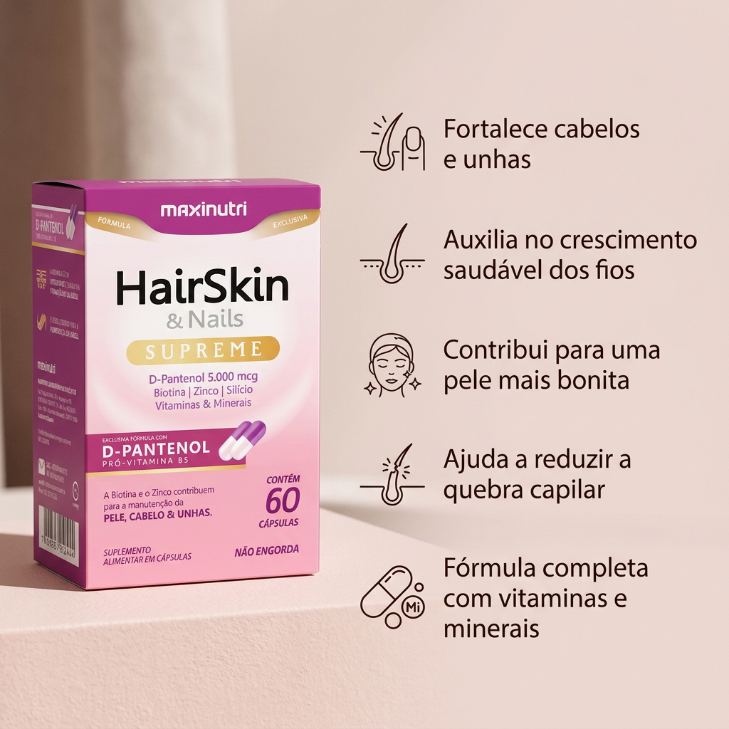 HairSkin Supreme com D-Pantenol Maxinutri 60 Cápsulas Suplemento fortalecimento Unhas Pele Cabelos