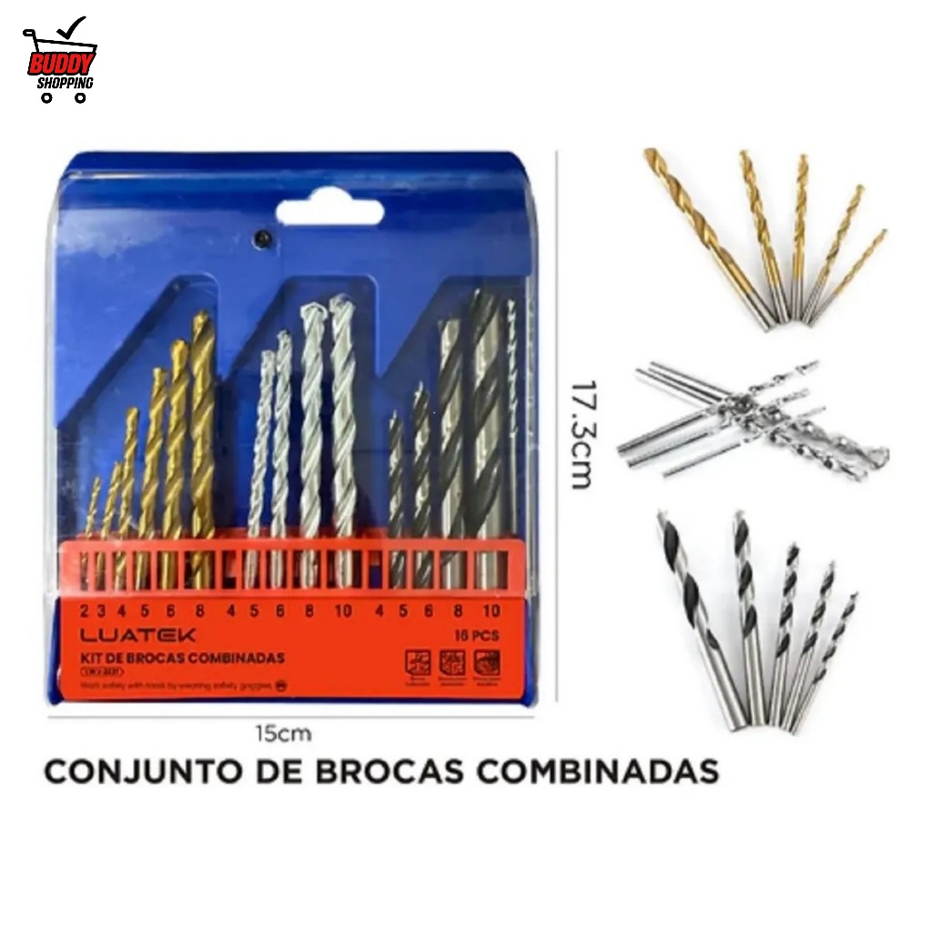 Kit De 16 Brocas Helicoidal Alvenaria Madeira P/ Furadeira Luatek LWJ-2221