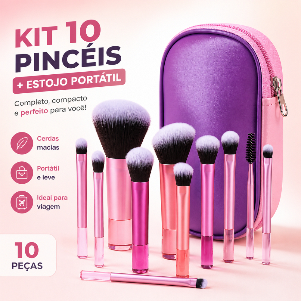 Kit Mini Pincéis Maquiagem 10pcs com Estojo Portátil Viagem Cerdas Macias Completo Compacto Profissional Pinceis de Pó