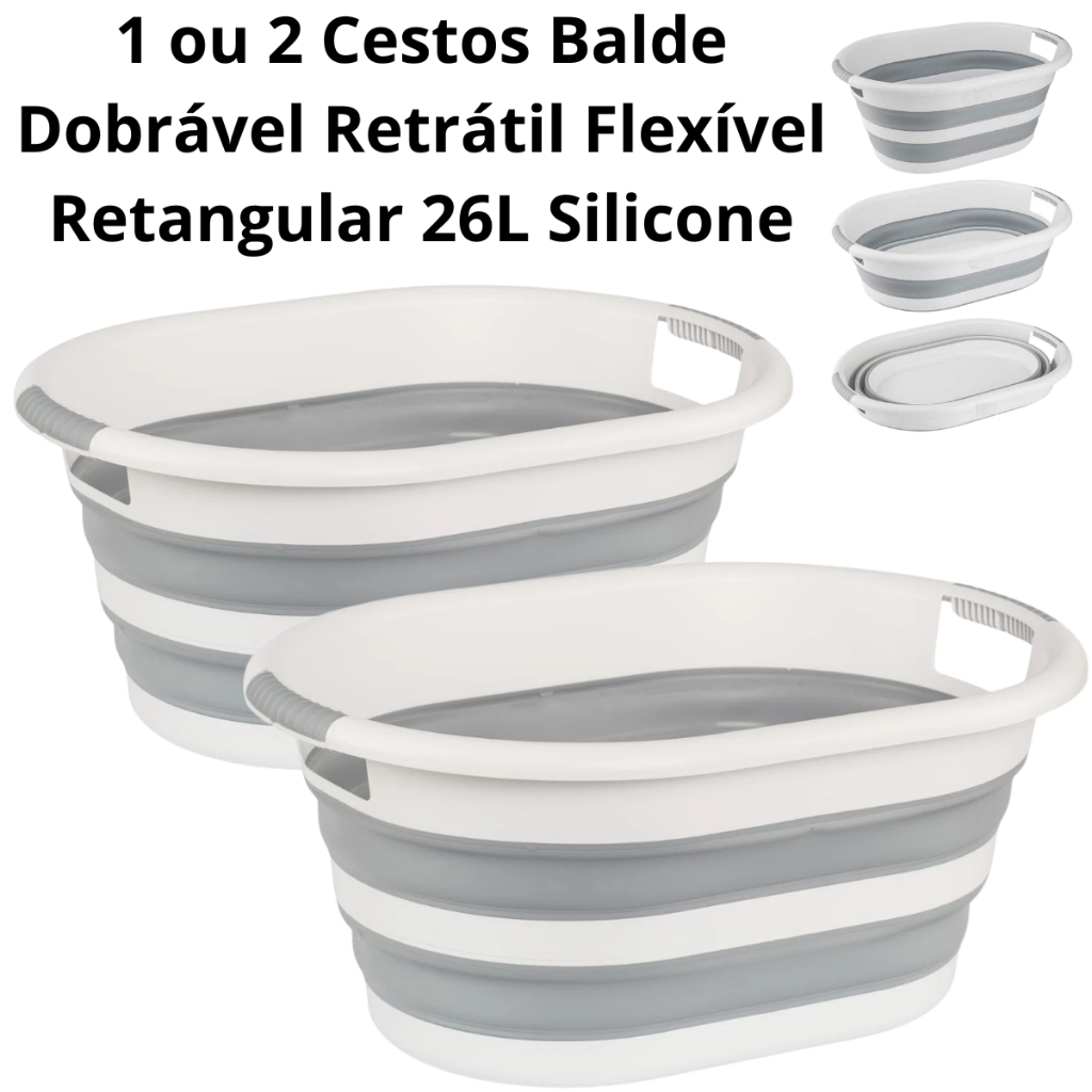 1 ou 2 Baldes Cesto Dobrável Retrátil Flexível Retangular 26L Silicone Lavanderia Powermaid