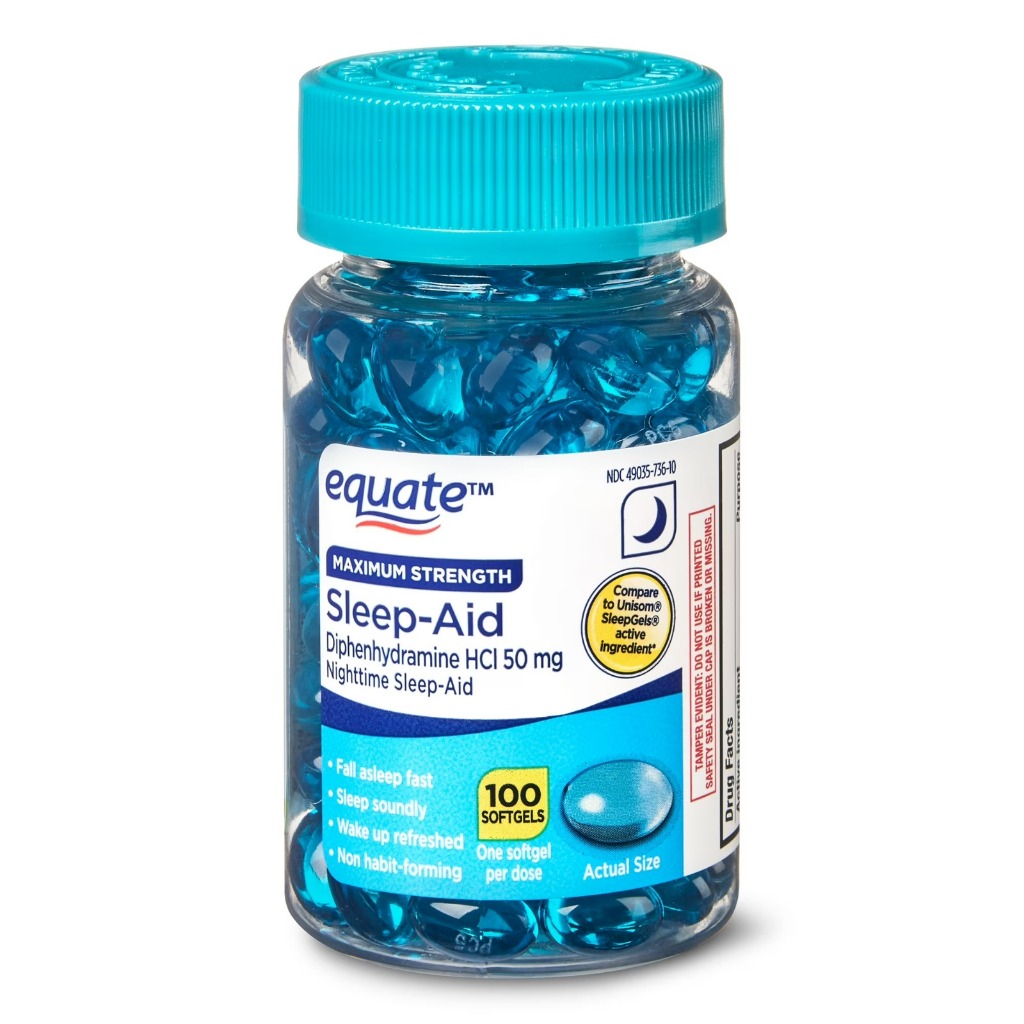 Equate Maximum Strength Nighttime Sleep-Aid Diphenhydramine HCl Sleep Support Softgels, 50 mg, 100 Count, Compare to Uni