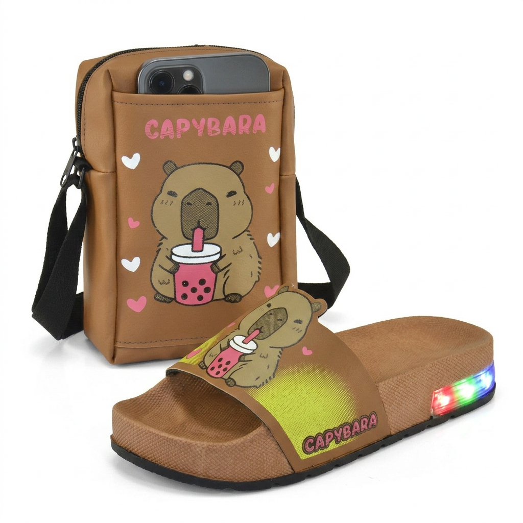 Kit Chinelo Infantil LED Capybara + Bolsa | Original | Pronta Entrega | Promoção Exclusiva