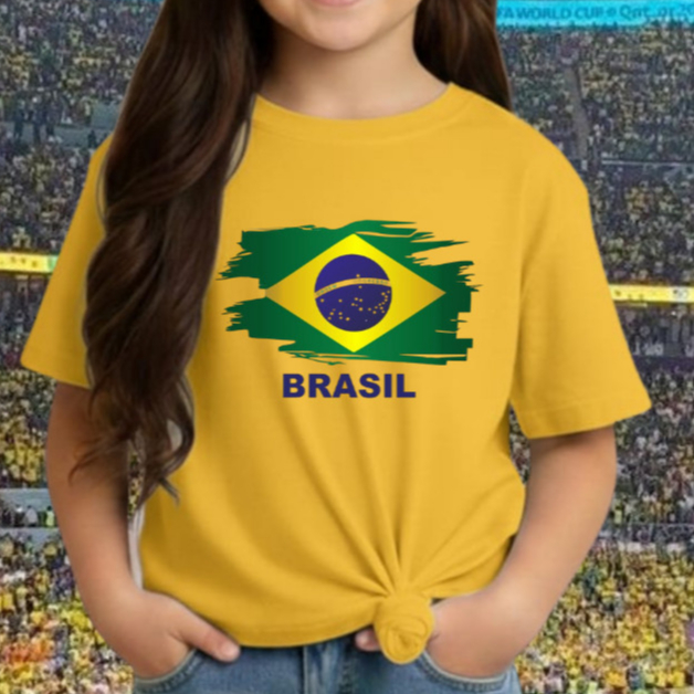 Camiseta Infantil Menina Estampa Brasil HEXA Algodão Seleção Brasileira Copa Mundo 2 ao 14
