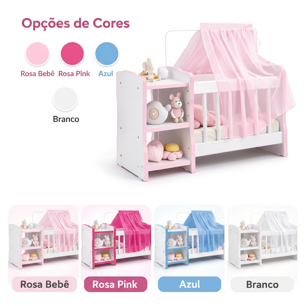 Brinquedos Berço Boneca Infantil Cômodas Véu / Reborns/ Azul, Rosa ou Branco