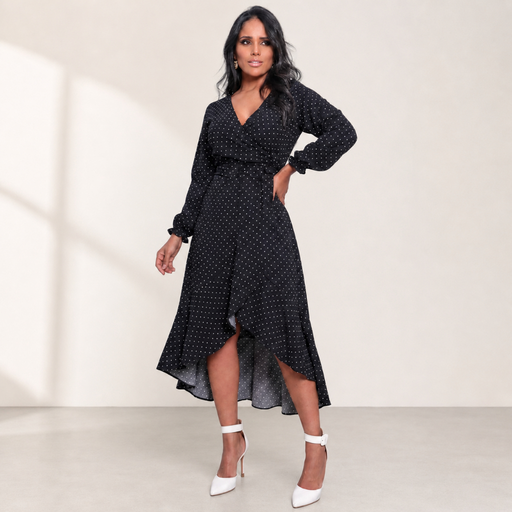 Vestido Midi Feminino Manga Longa Envelope Forrado Decote Em V
