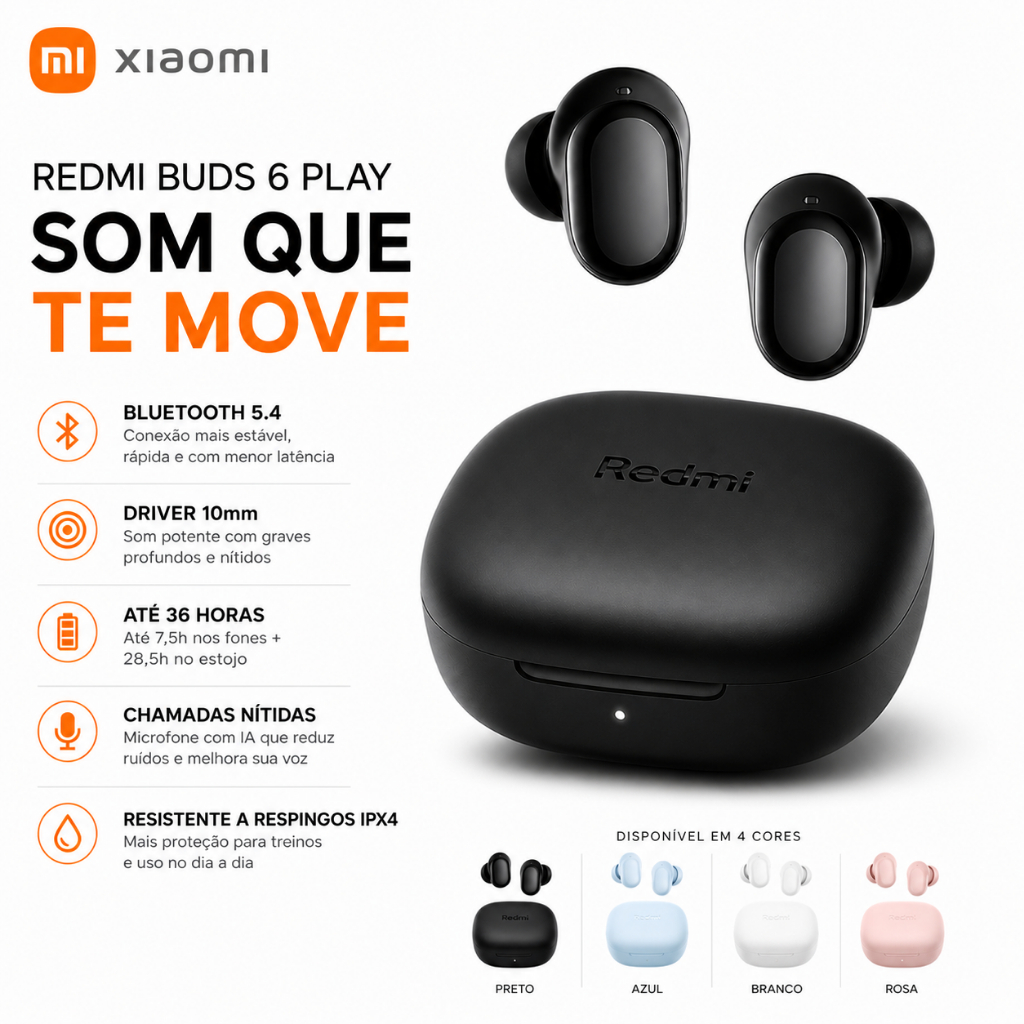 Fone Bluetooth Xiaomi Redmi Buds 6 Play Original Bluetooth 5.4 Sem Fio