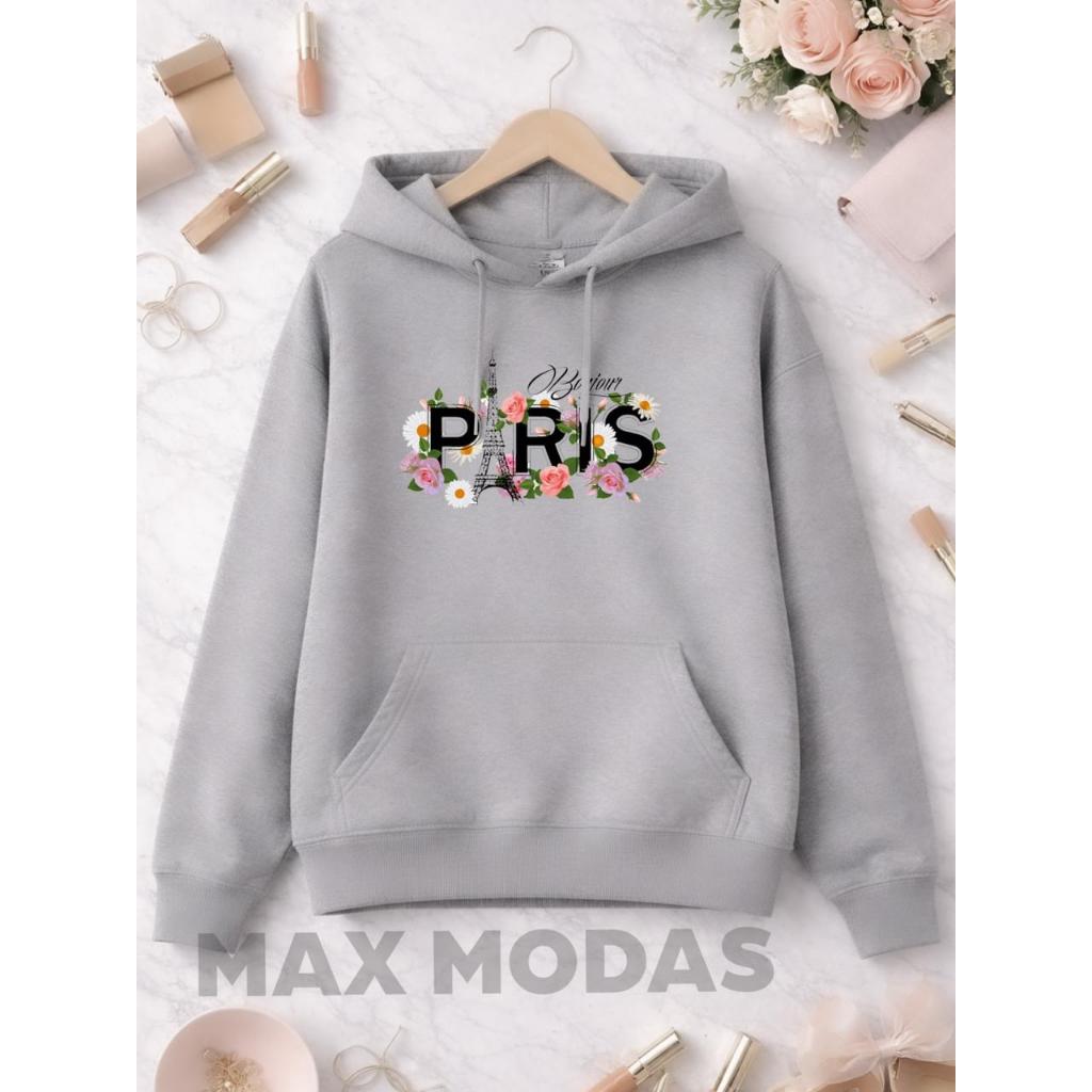 Moletom Casaco Feminino PARIS FLOR Cores Nova Com Capuz E Bolso Quentinho Do P ao G5