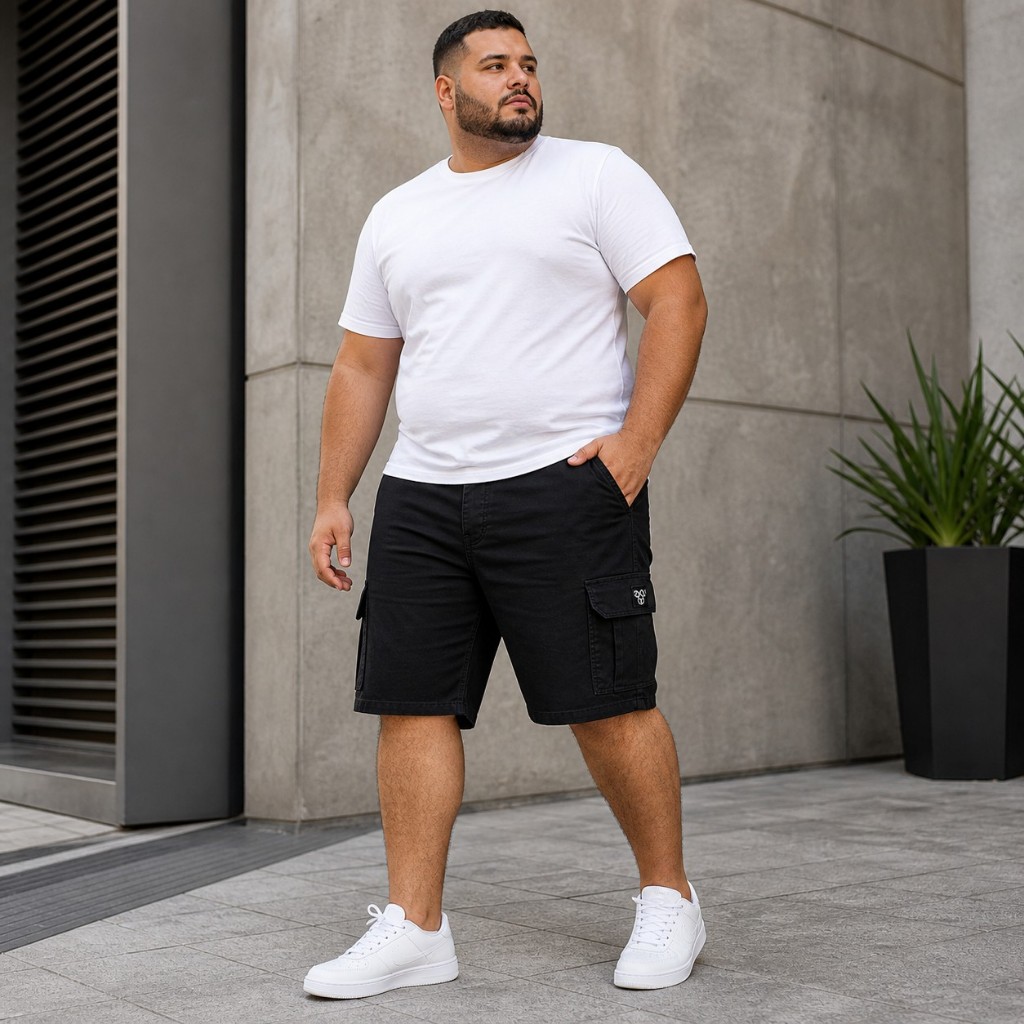 Bermuda Cargo Jeans Plus Size Masculina Sarja Bolsos Laterais Grande 48 ao 68 Confortável Casual Premium