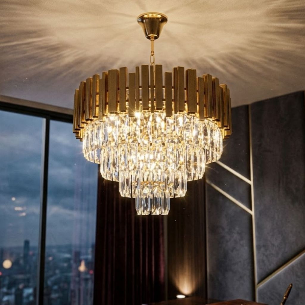 Lustre Teto Pendente Cristal 40cm Dourado Bivolt - Luminária Potente Para Sala de Jantar Bivolt