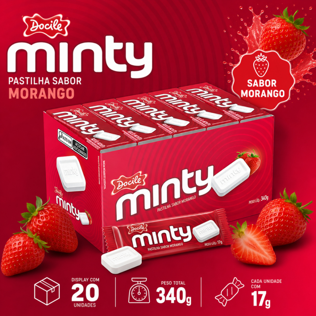 Pastilha Minty Morango 340g C/ 20un de 17g - Docile