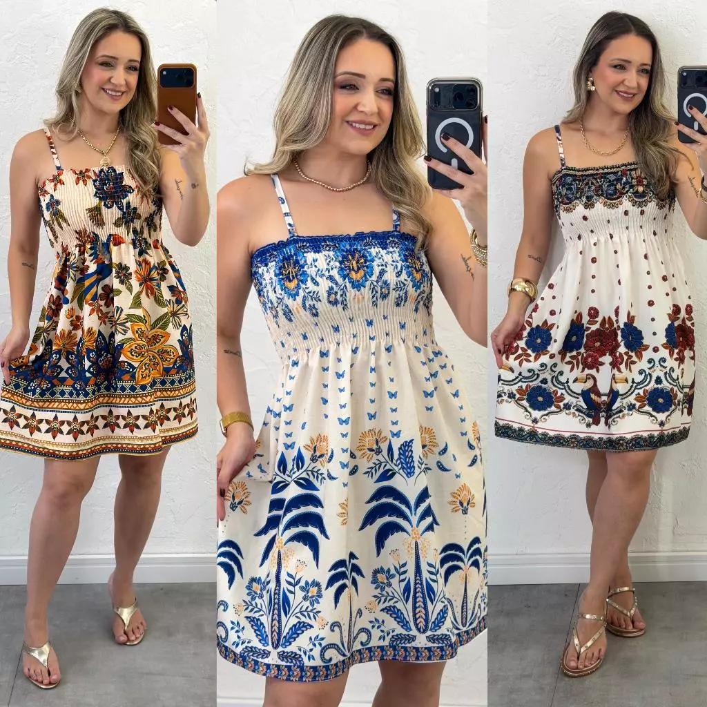 Vestido Feminino Curto Estampado Com Alça De Regulagem e Elastex — imagem 1