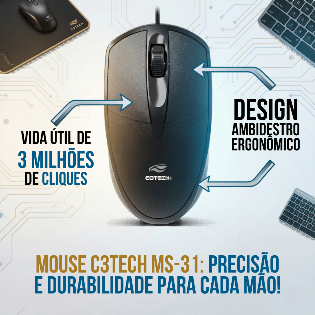 Mouse Com Fio USB - Durável, Ambidestro e Ergonômico - C3Tech MS-31BK