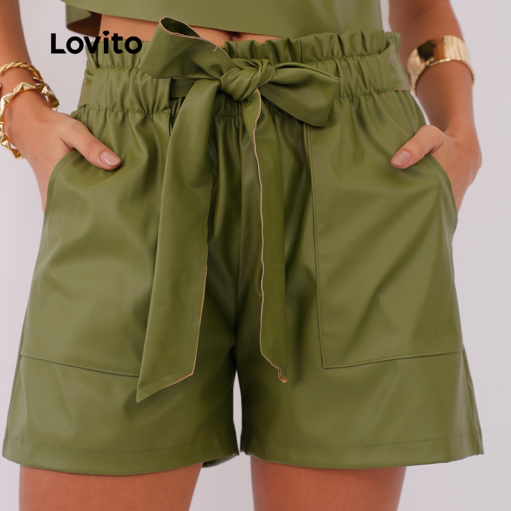 Lovito Shorts Courino Com Cinto Moda Feminina BRSTB1067BRL1097