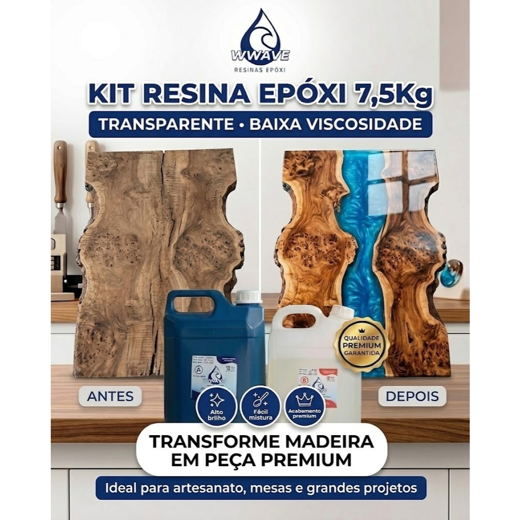 Resina Epóxi 7,5Kg Baixa Viscosidade – Transparente para Madeira, Artesanato e Grandes Projetos