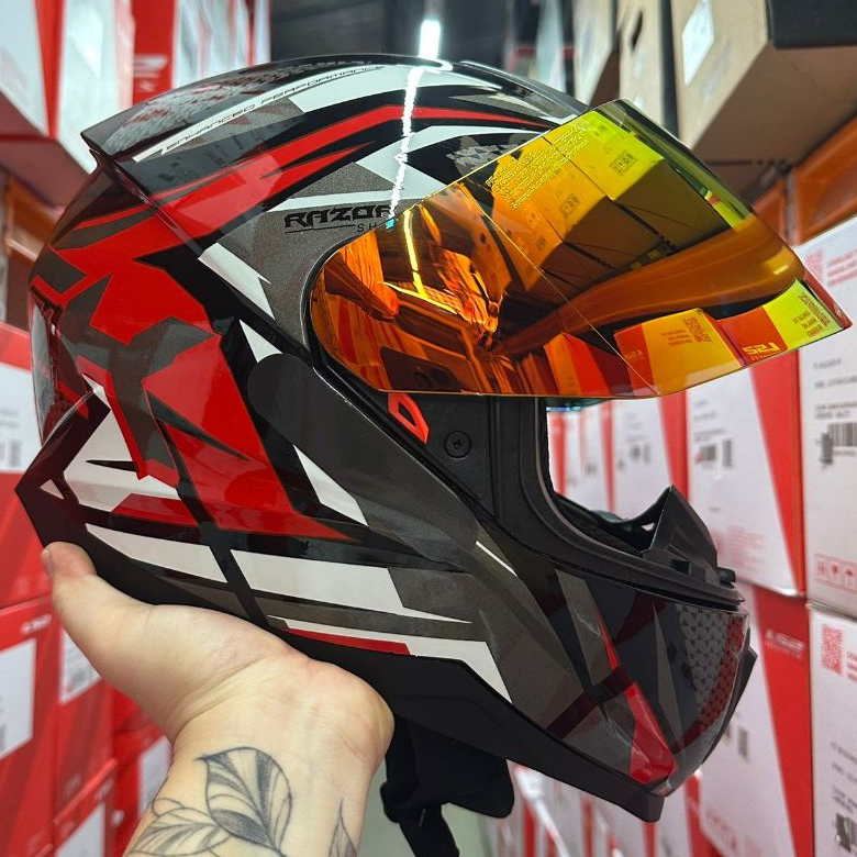 CAPACETE NORISK RAZOR SHARP PRETO VERMELHO MASCULINO FEMININO OFERTA + VISEIRA REVO VERMELHA E CRISTAL