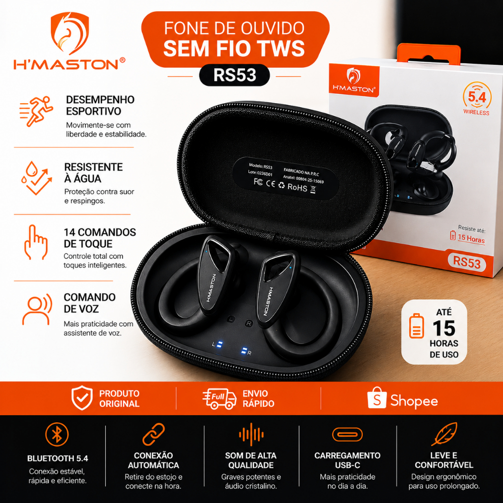 H'maston Fone De Ouvido Sem Fio Tws Com Luz Led 15h Rs53 fone sem fio bluetooth original