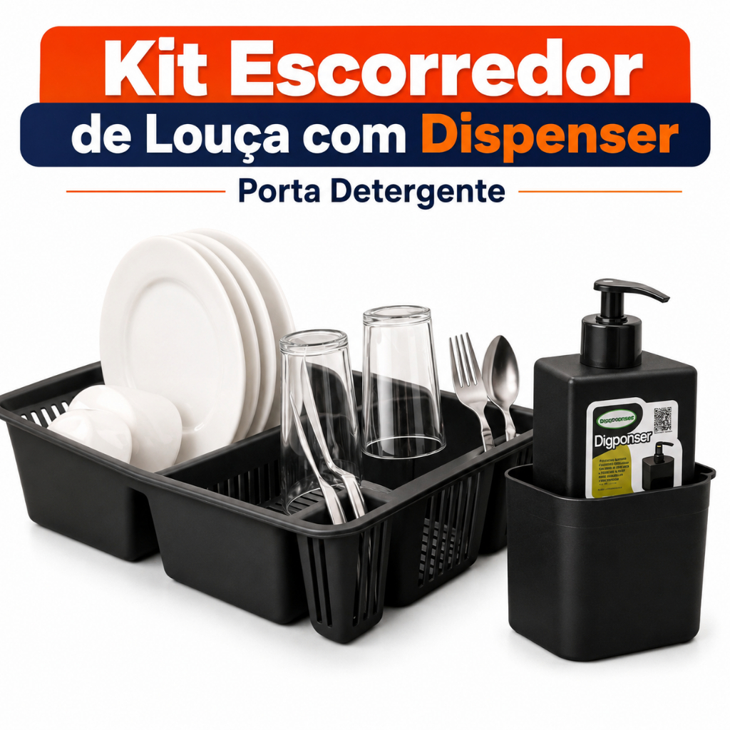Kit Escorredor de Louça com Dispenser Porta Detergente Organizador Pia Cozinha Prática Plástico Resistente