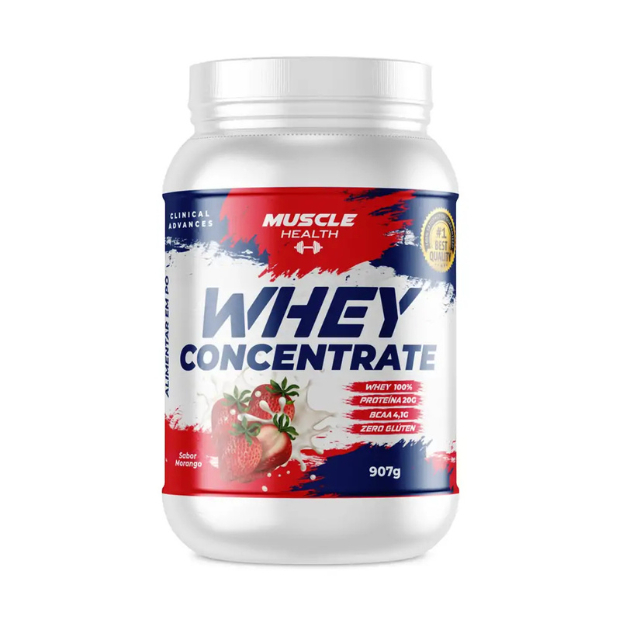Whey Protein Concentrado 907g Muscle Health Morango Chocolate Baunilha 20g Proteína BCAA Zero Glúten