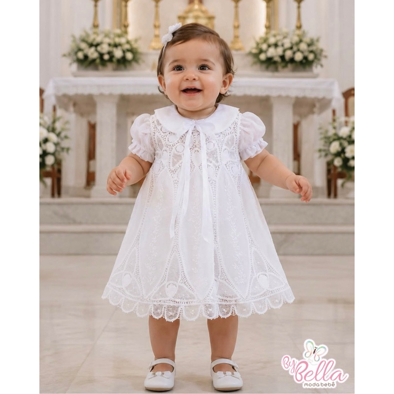 VESTIDO DE BATIZADO CLÁSSICO BORDADO RENDA RENASCENÇA MADALENA 9 a 18 meses