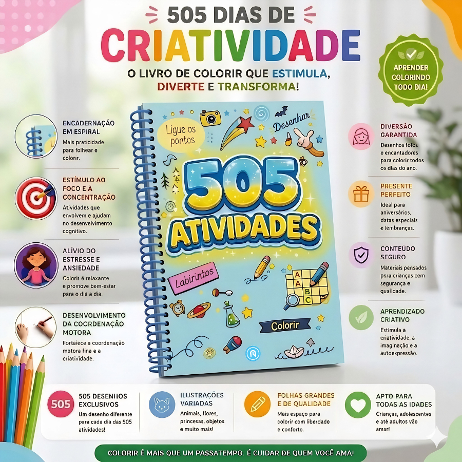 505 Atividades / Edição Premium / Espiral Infantil Colorir Educativo Criatividade Coordenação Motora