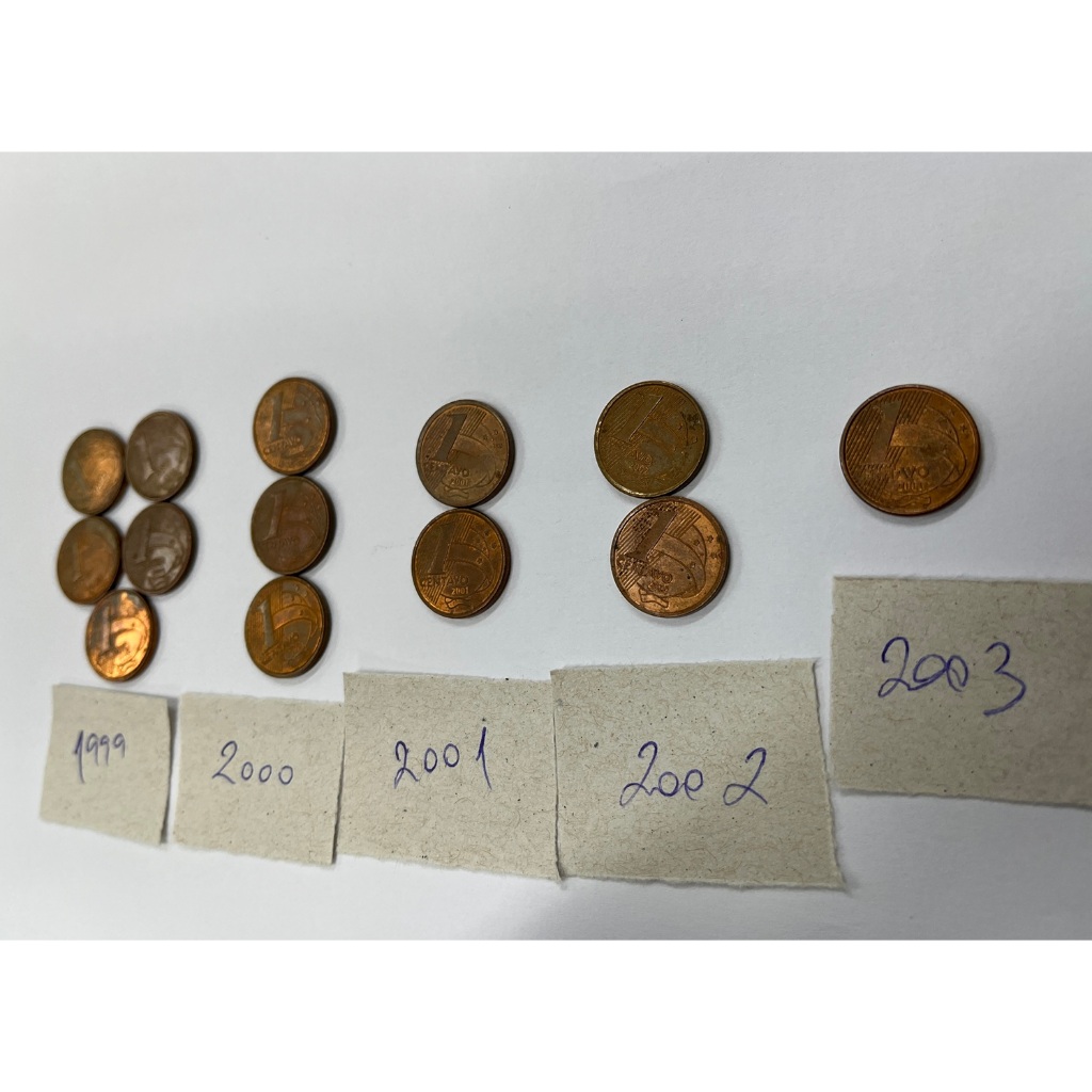 lote 13 moedas de 1 centavo de Real de 99 a 2003