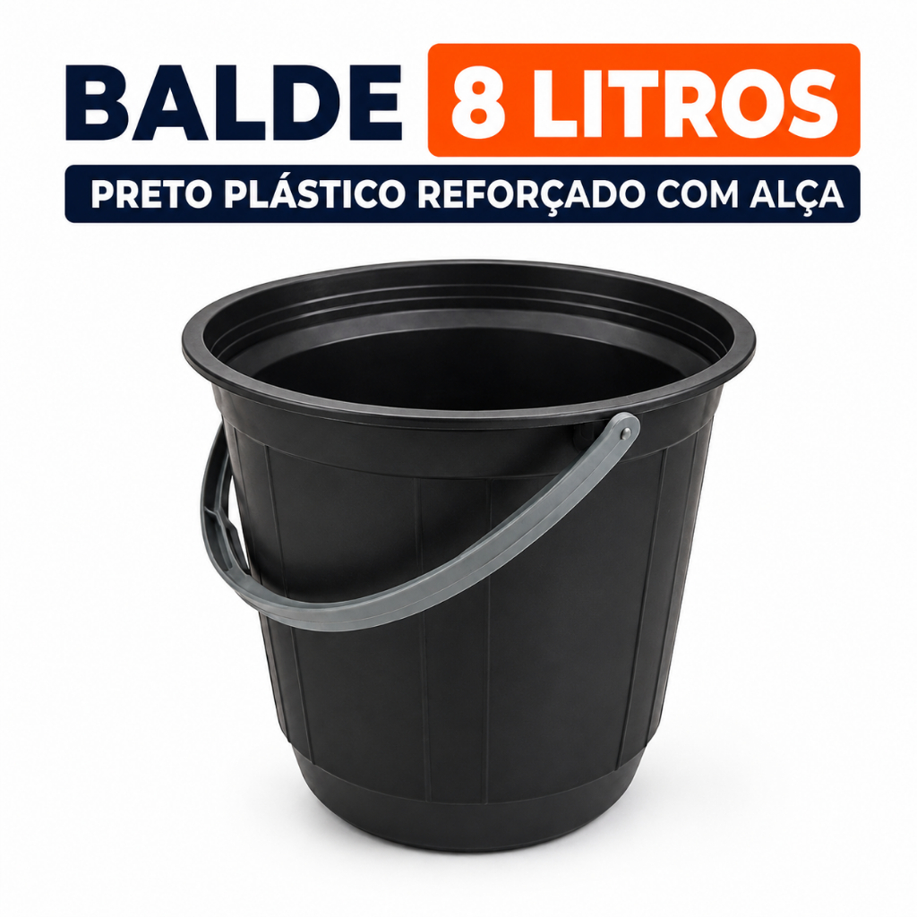 Balde 8 Litros Preto Plástico Reforçado com Alça Resistente Multiuso Limpeza Casa Obra Lavanderia