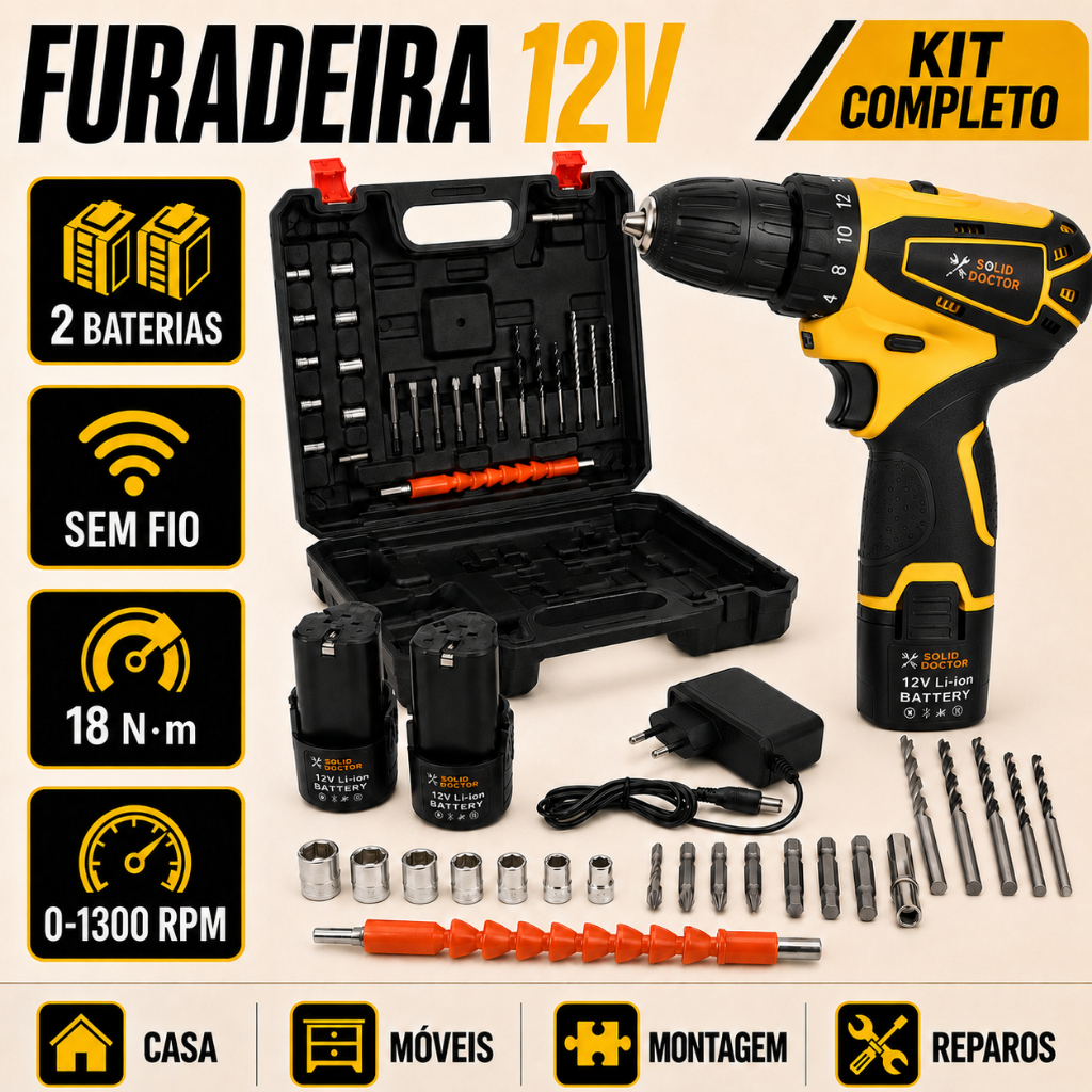 SOLID DOCTOR Furadeira Parafusadeira 12V Sem Fio 2 Baterias Mandril 10mm Torque 18Nm Uso Doméstico
