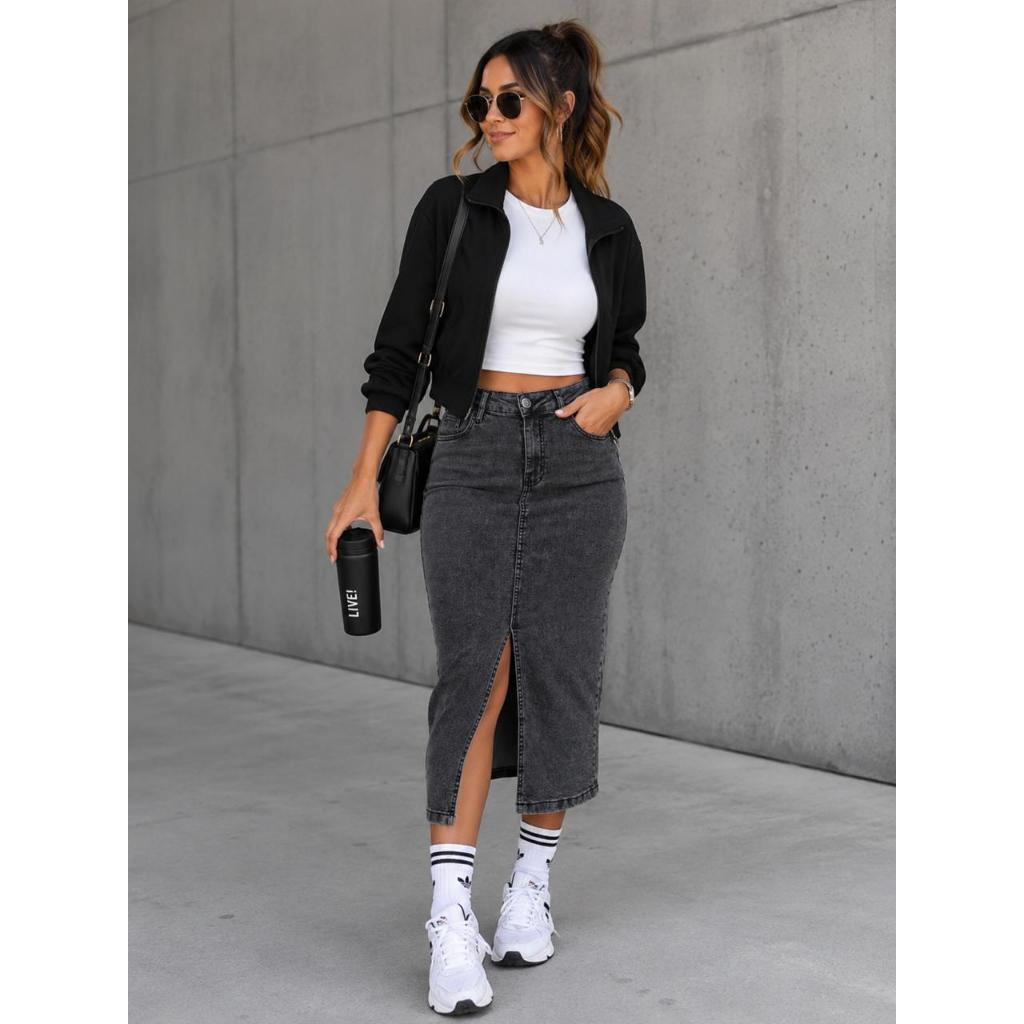 Saia Midi Lápis Jeans 100% algodão Moda evangélica cintura média alta